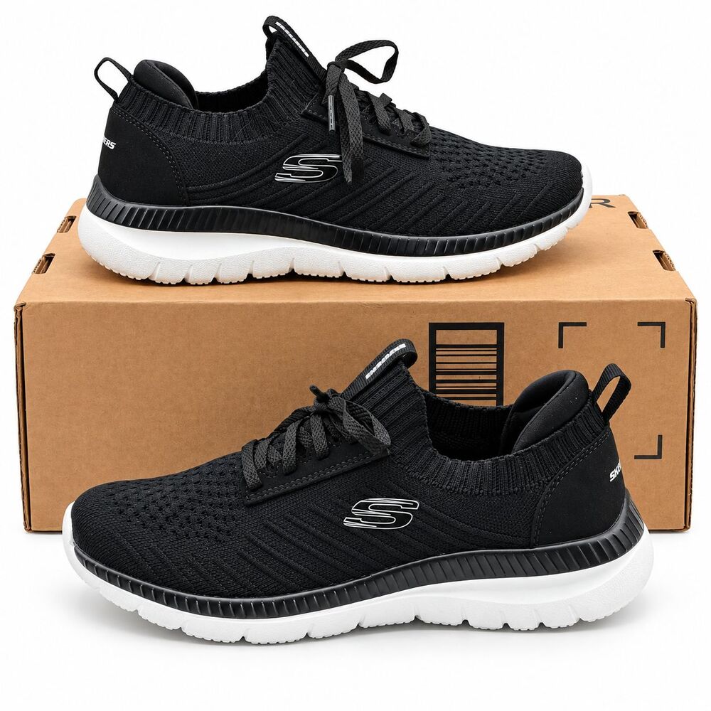 Skechers Bountiful Sneakers Women 7.5 Black White Memory Foam Lace Up 56124 BKW